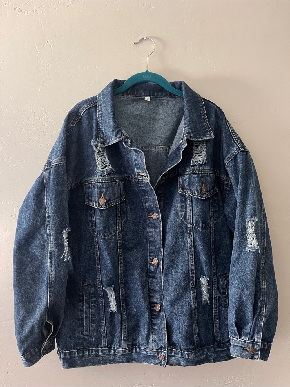 Distressed Dark Blue Denim Jacket - Women's Oversized Size L